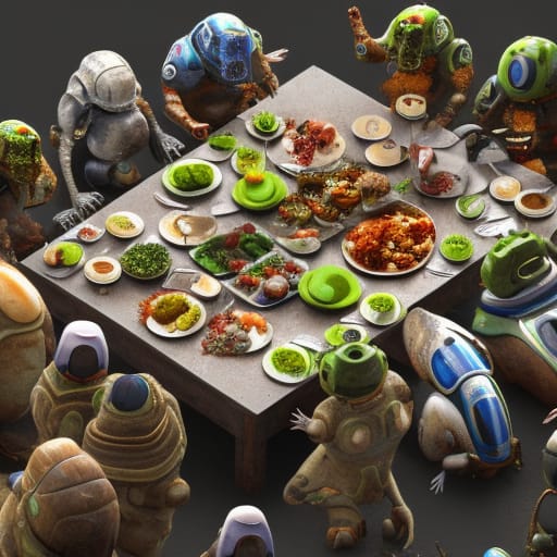 Have I used this pic before? Yes. But I like it and it fits and it stays. So there. Looks like a bunch of claymation alien lifeforms gathered around a table full of weird looking food.
